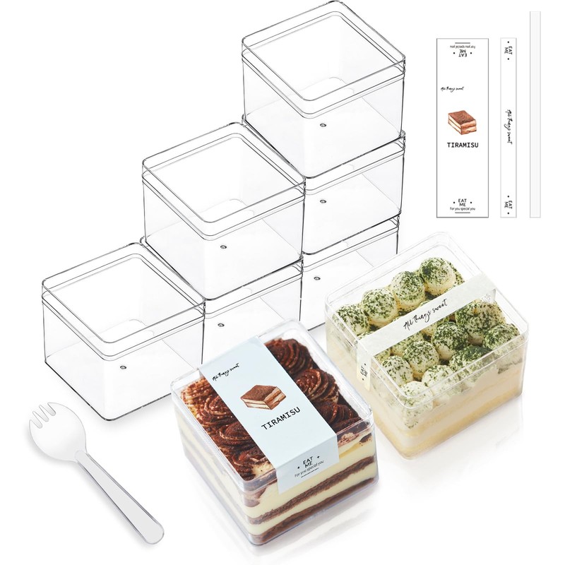 20 Pack 12OZ Square Clear Plastic Dessert Cups with Lids and Sporks&Stickers …