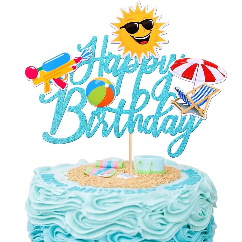 1 PCS Summer Beach Happy Birthday Cake Topper Glitter Ball Sun Umbrella Water Gu