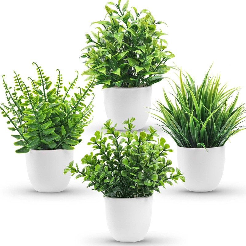 Der Rose 4 Pack Small Fake Plants in Pots, Faux 7.1″H × 4.7″W, Green