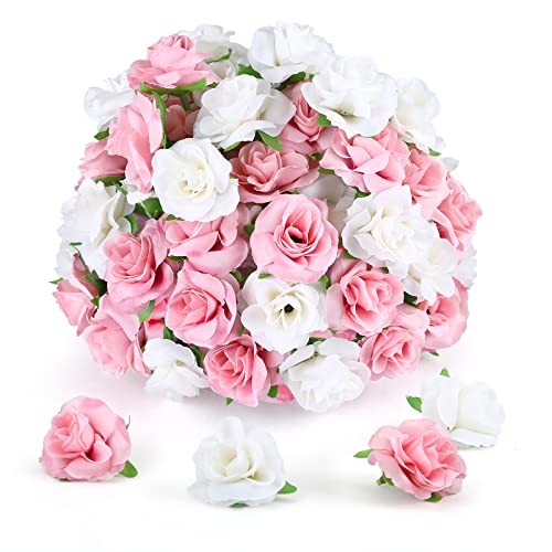 50pcs Mini Roses Artificial Flower Heads, 1.6” Small 1.57 Inch Pink and White gallery