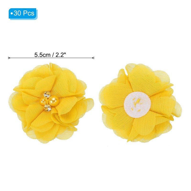 30Pcs 2" Chiffon Flower with Rhinestone Pearl Appliques Embellishments Yellow gallery