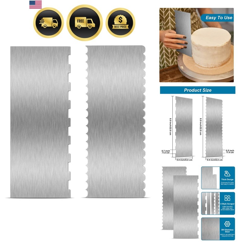 2 Pieces Stainless Steel Cake Scraper Large Double Sided Patterned Edge Strip…