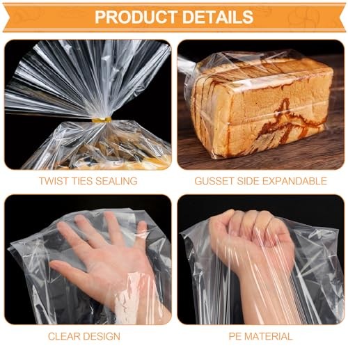 70 Pack Bread Bags & 100 Pack Ties, 8" x 4" x 18" Clear Bread Bags for gallery