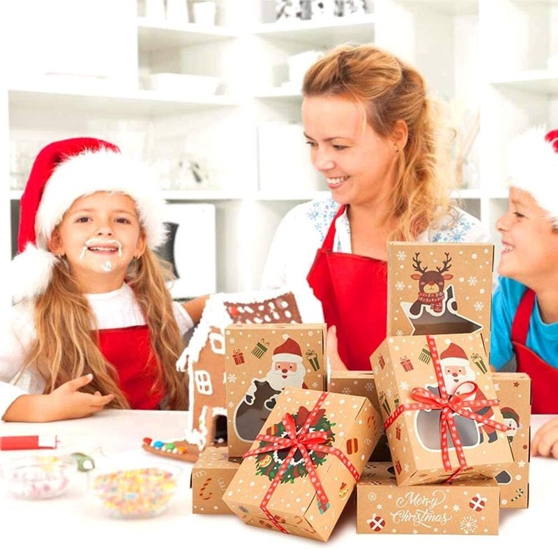 "Christmas Cookie Boxes,Kraft Treat Box with Window Ribbons for Bakery Candy Gif gallery