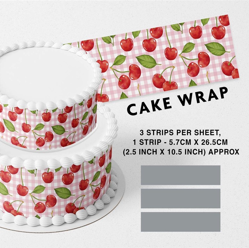 Pink Red Cherries Pattern Strip Edible Cake Topper Decoration Edible Image