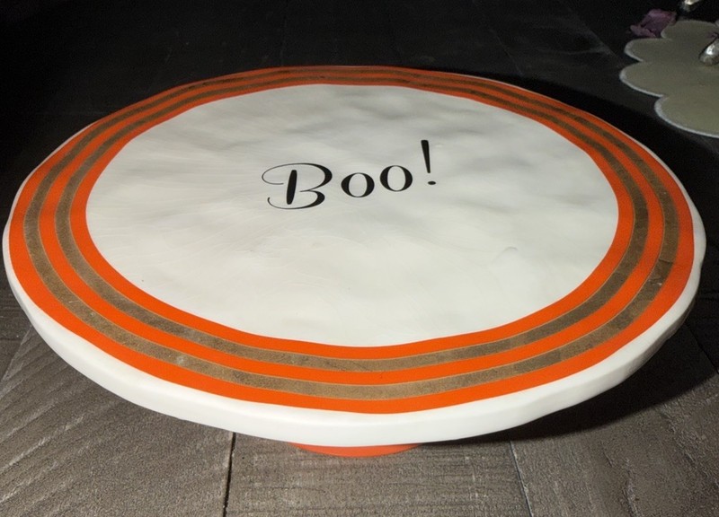 Terramoto Ceramic Halloween Pedestal Cake Plate Orange Gold Trim 8 1/2" 👻 gallery