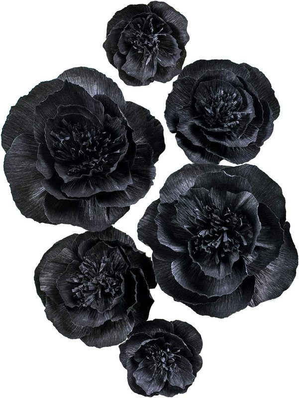 Black Paper Flowers Decorations for Wall, Set of 6 | 3D Artificial Flowers, Wedd