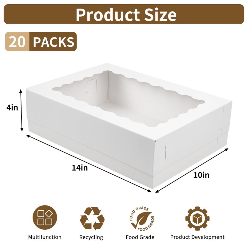 20 PCS 14x10x4in White Quarter Sheet Cake Boxes with Window Bakery Boxes gallery