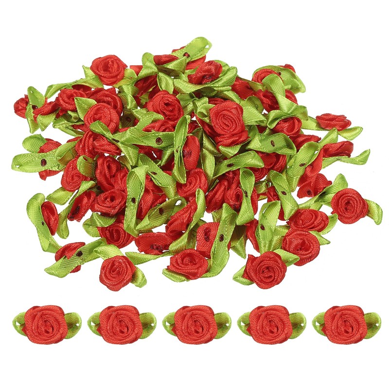 Mini Ribbon Roses, 100 Pcs Tiny Satin Fabric Flowers with Green Leaves, Red