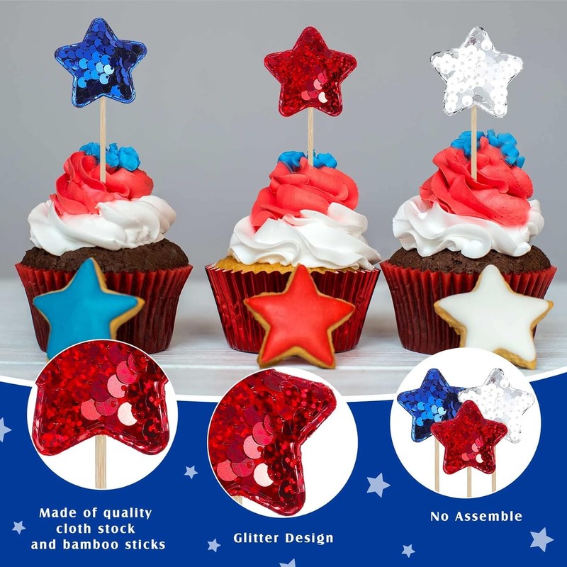 120 Pcs Glitter Star 4th of July Cupcake Toppers Patriotic Cupcake Picks Blue gallery