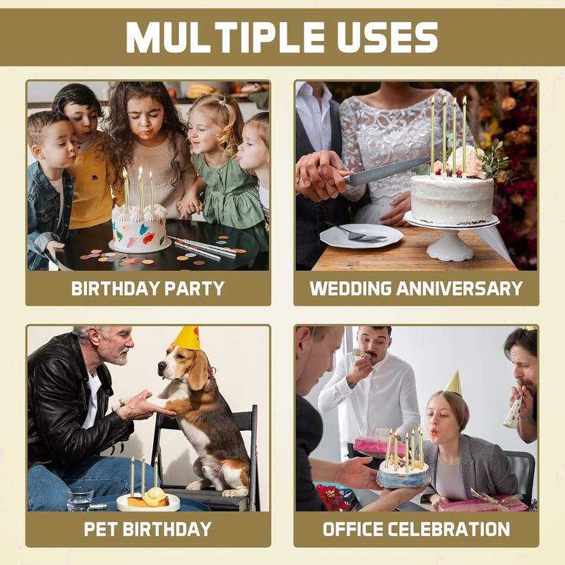 Gold Birthday Candles for Cake - Set of 48 with Plastic Holders - 5.5" Long, gallery