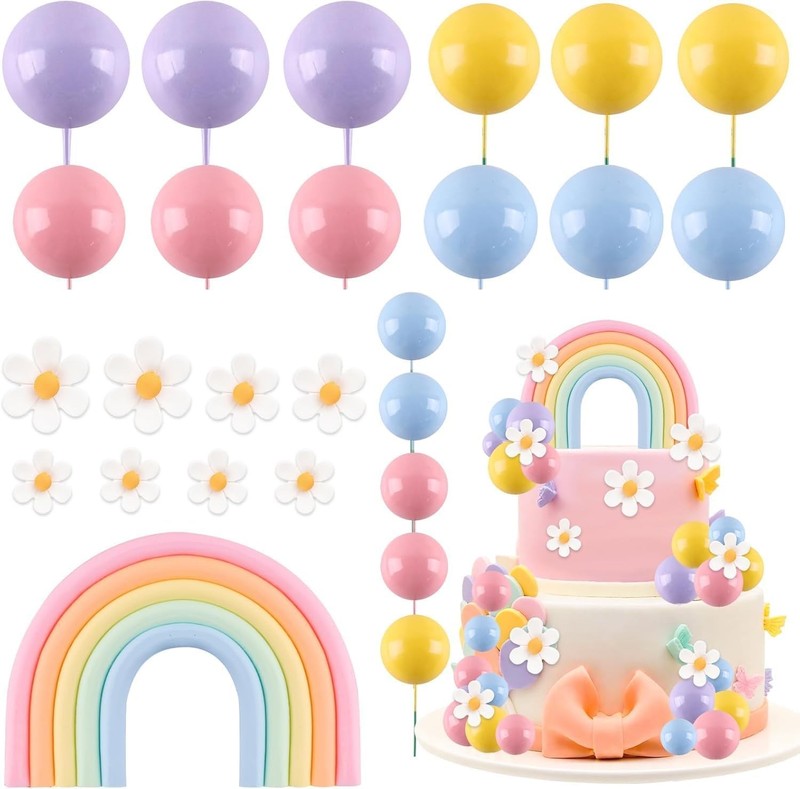 Rainbow Cake Topper 26Pcs Macaroon Balls Cake Decorations with Flower Groovy