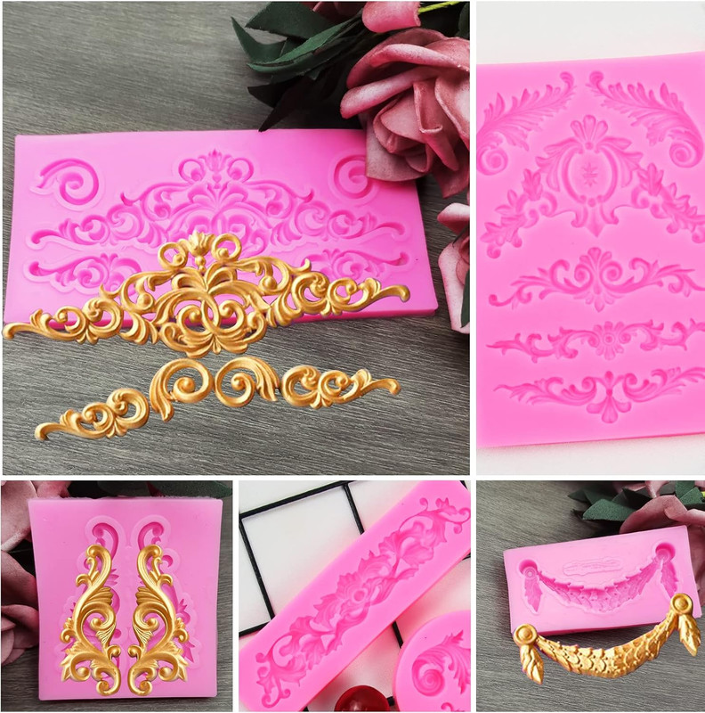 7Pcs Baroque Style Curlicues Scroll Lace Silicone Fondant Molds, Relief Flower M gallery