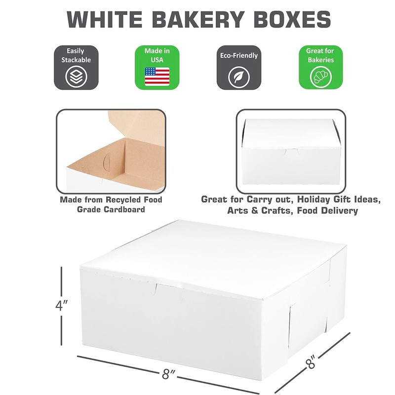 [ 25 Pack ] White Bakery Pastry Boxes – 8 x 8 x 4 Inches