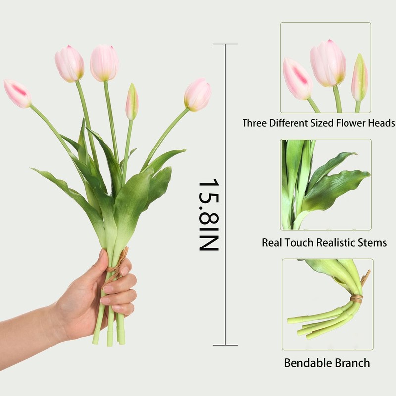 Amore Florals 15 Pcs Light Pink Tulips Artificial Flowers Faux Tulips Real Touch gallery