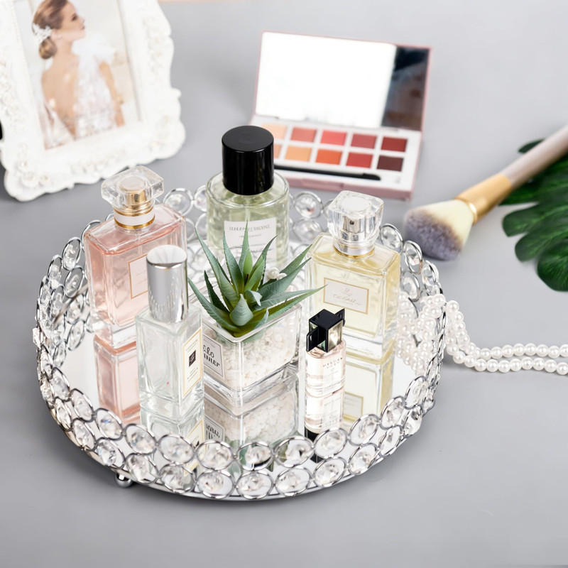 Feyarl Crystal Perfume Tray Cosmetic Makeup Vanity Jewelry 10.6", Silver gallery