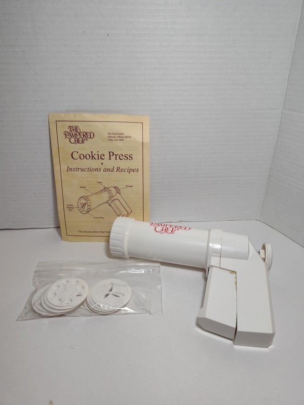 1992 The Pampered Chef Cookie Press with 10 Discs - White - NO DECORATING TIPS gallery