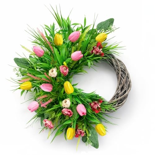 Spring Summer Wreath for Front Door, 24 Inch Artificial Tulip Yellow and Pink