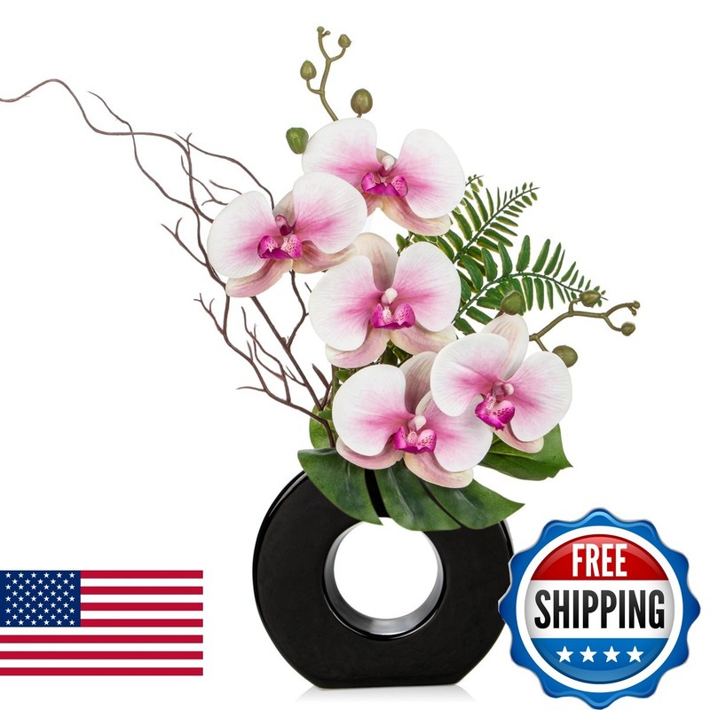Briful Pink Orchid Artificial Flowers 16.1” with Vase