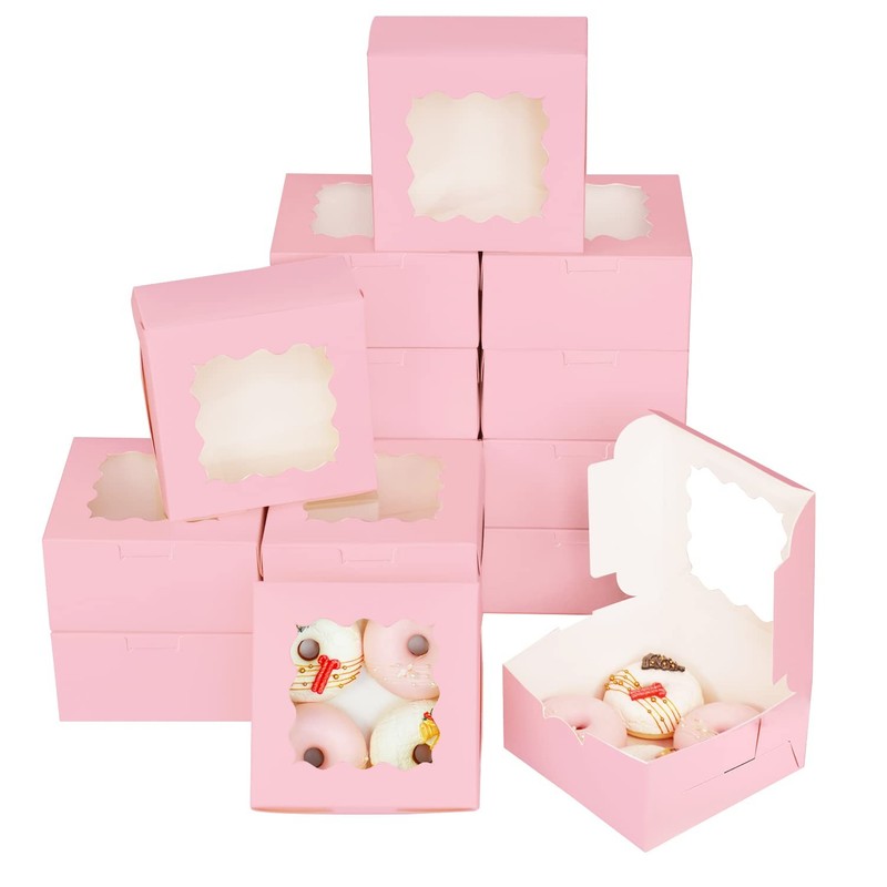 60 PCS 6x6x3 Inch Pink Cookie Boxes Bakery Pastry with Window Bulk Set