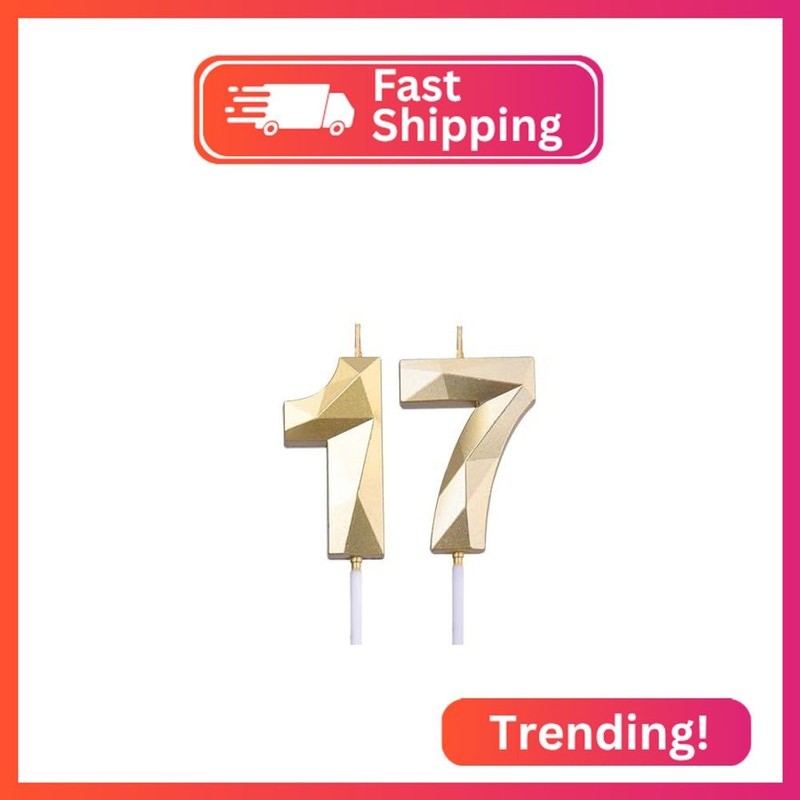 2 inch Gold 17 & 71 Birthday Candles, 3D Diamond Number 17th & 71st Cake Topper