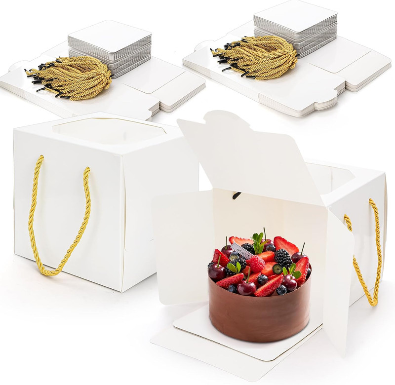 30 PCS Small Cake Box Window Handles 6x6x6 Inch White Bakery Boxes Boards
