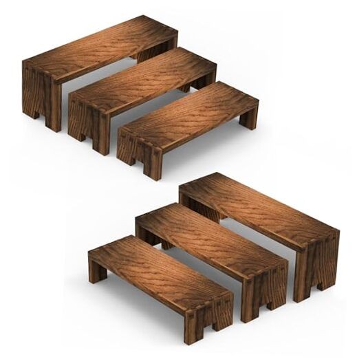 2 Set Wood Display Risers Small Wooden Stand 3 Tiered 6Pcs Small/2Pack Brown