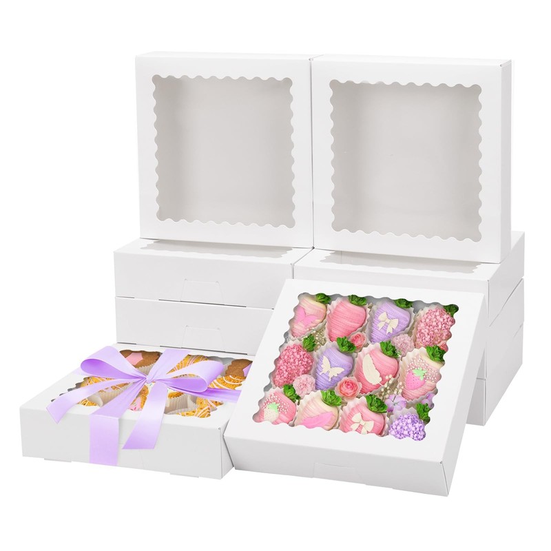 12pcs Bakery Boxes 8x8x2 Inches Auto-Popup Cookie Boxes with Window White Tre…