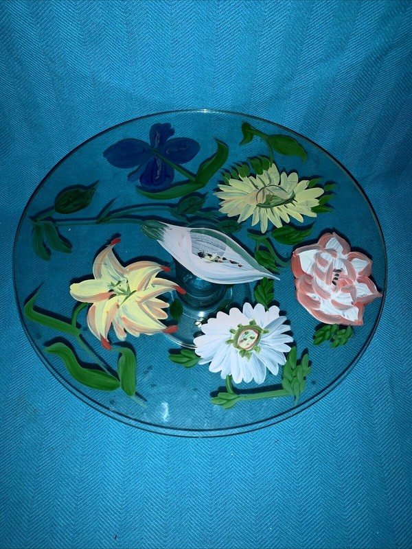 CAKE PLATE Stand Plate FLORAL HANDPAINTED Unique Glass ORIGINAL OOAK ❤️sj10m1