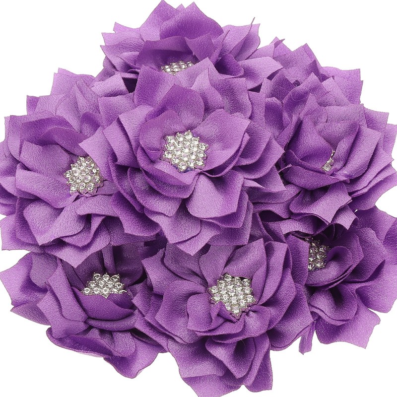 3.5″ Rhinestone Pearl Chiffon Flower, 10 Pcs Sewing Fabric Appliques, Purple