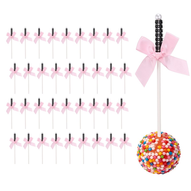 36 Pcs Bling Rhinestone Cake Sticks, Bow Lollipop Cake Toppers Pick, Black