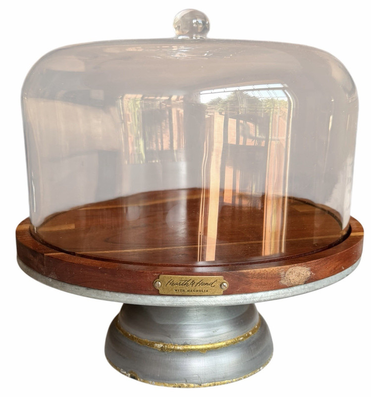 Retired Magnolia Hearth Hand 10” Cake Stand Glass Covered Wooden Farmhouse