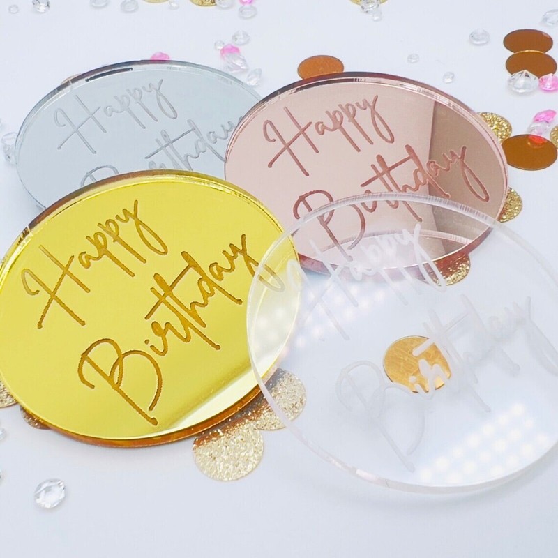 Cake Cup Topper Disc Cake Charm Tag Happy Birthday Acrylic Mirror Decoration
