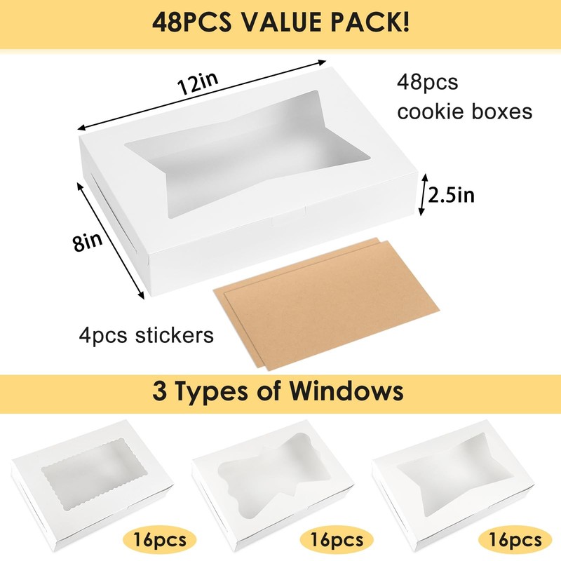 48pcs Bakery Boxes,12x8x2.5 Inches Cookie Boxes with 3 Style Window for Choco... gallery