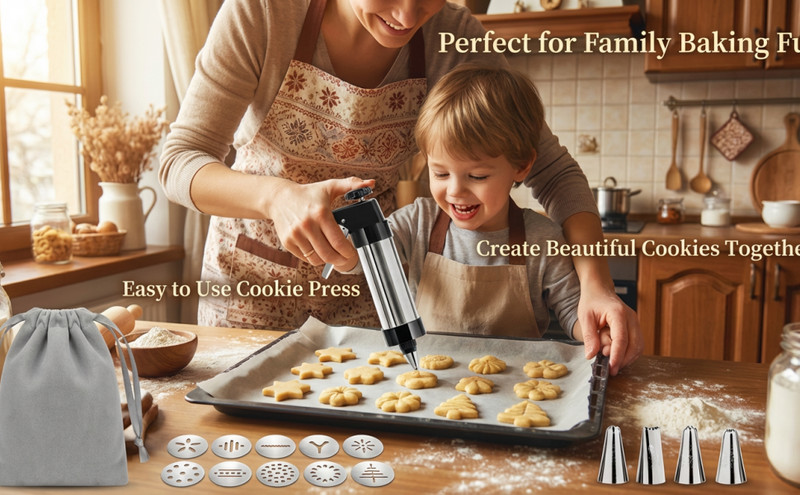 Stainless Steel Cookie Press Gun Kit with 13 Cookie Discs & 8 Piping Tips, gallery