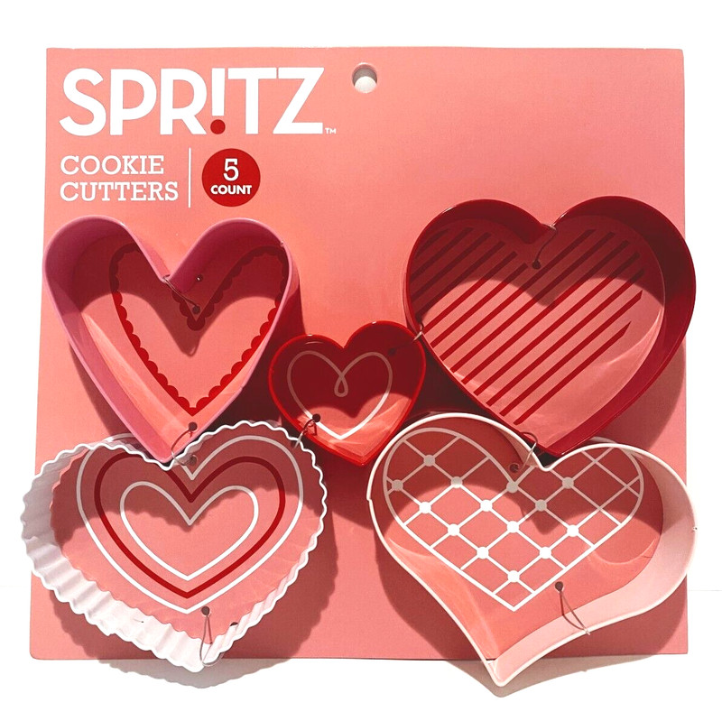 Spritz Valentine 5 Pc Stainless Cookie Cutters Metal Hearts Pink, Red, White