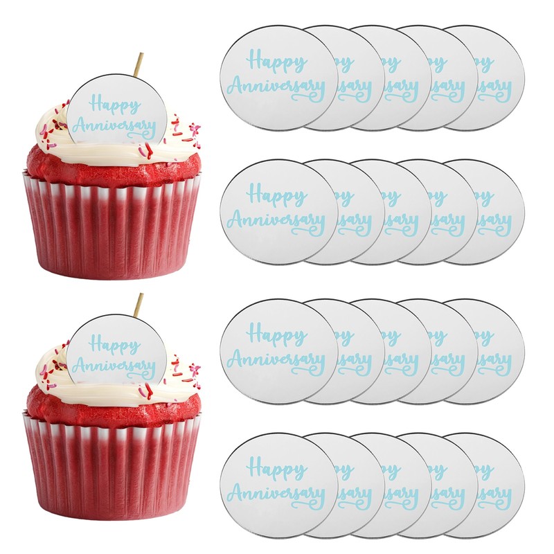 20Pcs Acrylic Mirror Happy Anniversary Cupcake Toppers Round  Shapes, 059-Silver