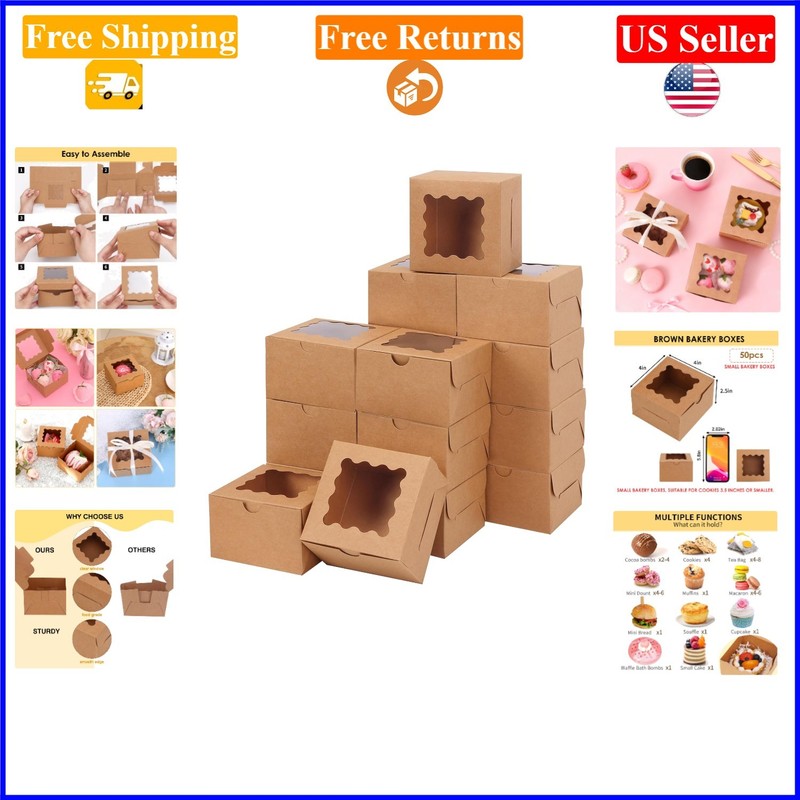 50pcs 4x4x2.5in Brown Bakery Cookie Boxes with Window for Pastries