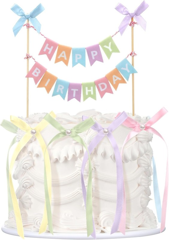 11 Pcs Pastel Bow Ribbon Cake Topper Happy Birthday Cake Bunting Topper with