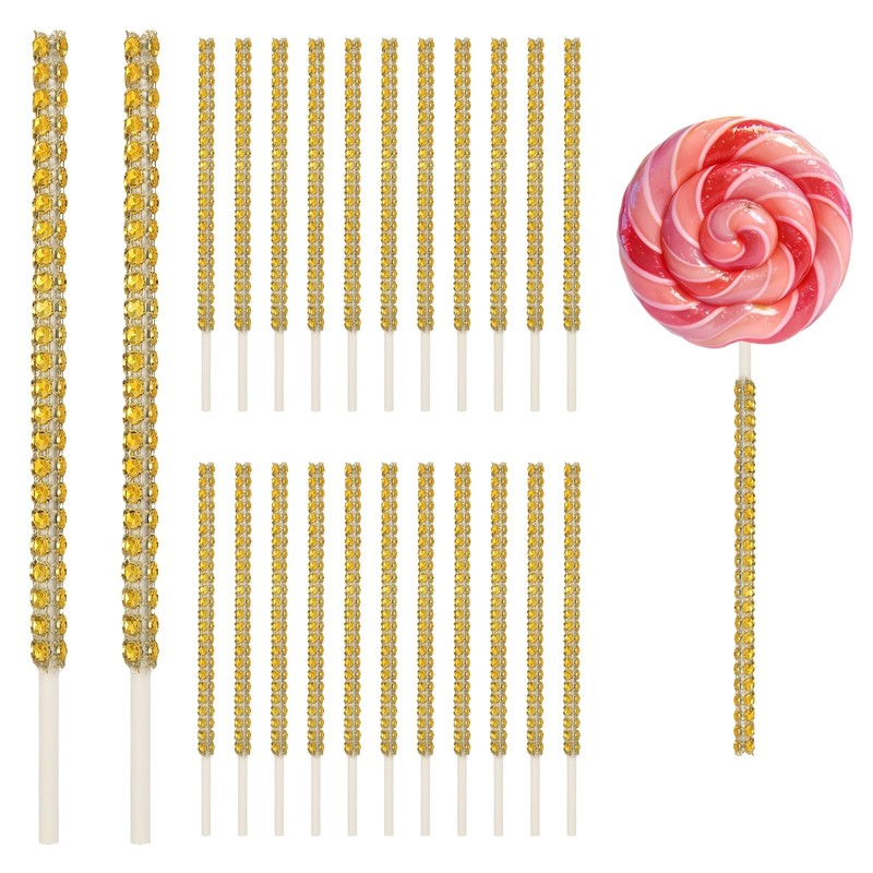 24 Pcs Bling Cake Lollipop Sticks, Glitter Rhinestone Lollipop Sticks, Gold