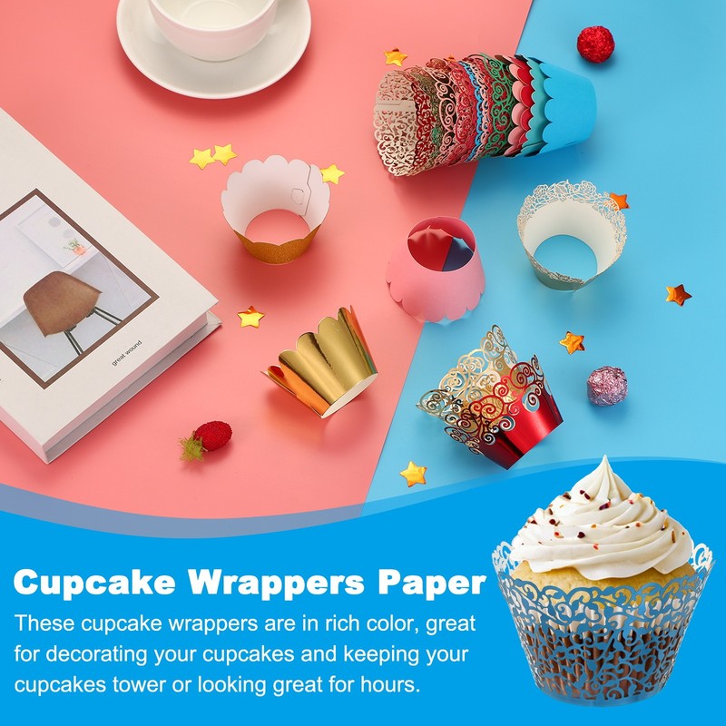Cupcake Wrappers Paper, 50 Pack Baking Cups Vine Decor, Reflective Blue gallery