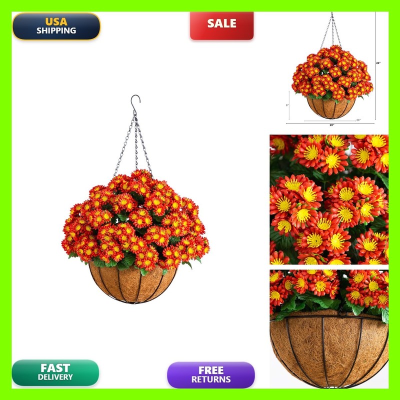 Nearly Natural 24in. UV Resistant Artificial Chrysanthemum Hanging Basket