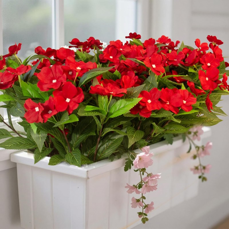 Artificial Impatiens Flowers Red 4Pcs UV Resistant Outdoor Silk Bushes Porch Dec gallery
