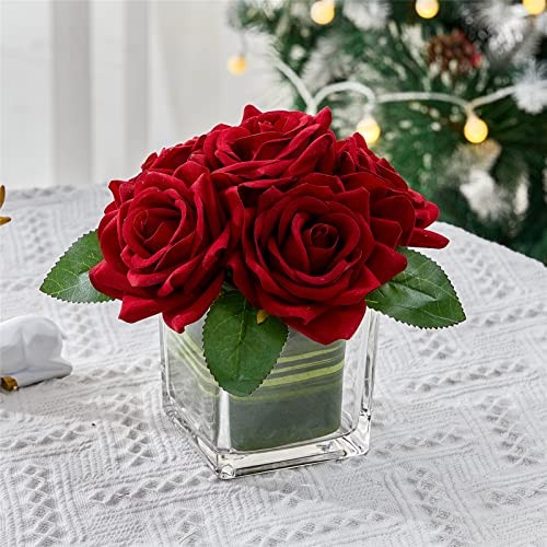 Artificial Velvet Rose Flower Centerpiece Arrangement in vase for Burgundy gallery