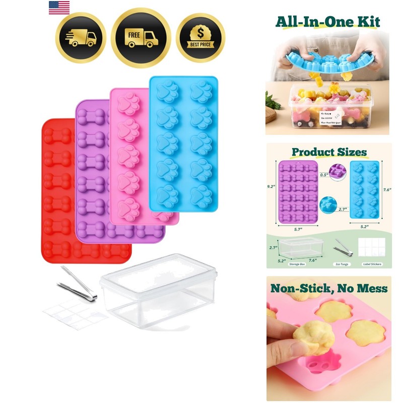 Non-Stick Silicone Dog Treat Mold Set – Airtight Storage Box & Ice Tong Included