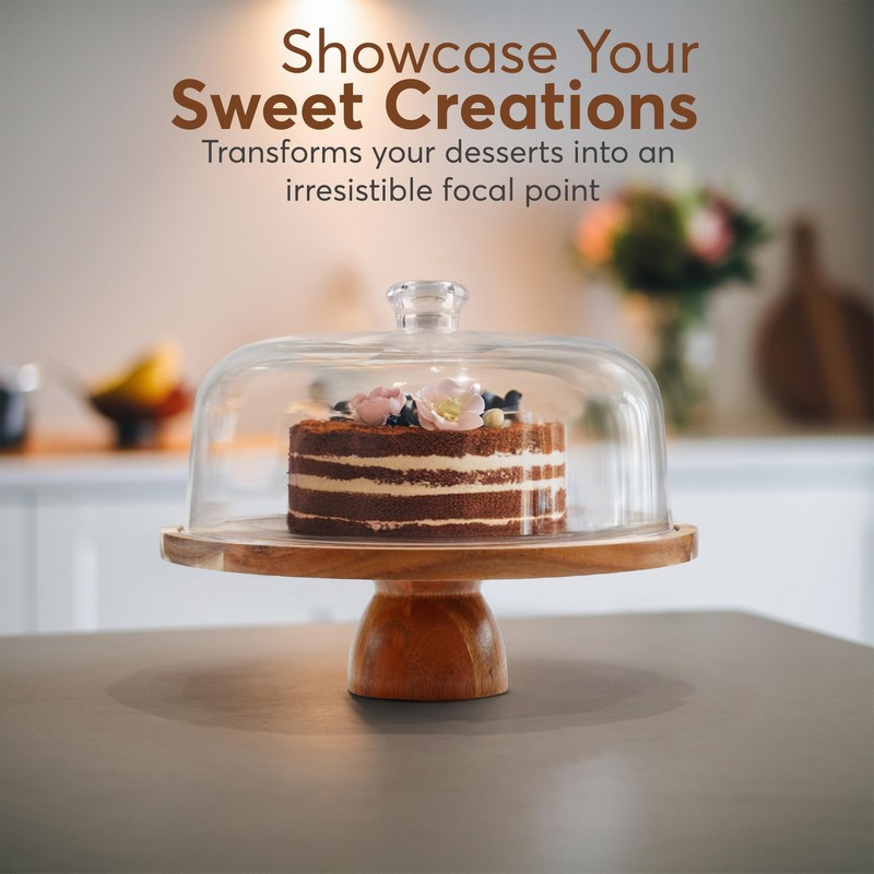 2-in-1 Acacia Wood Cake Stand with Lid, Cake Stand with Acrylic Dome Light We... gallery