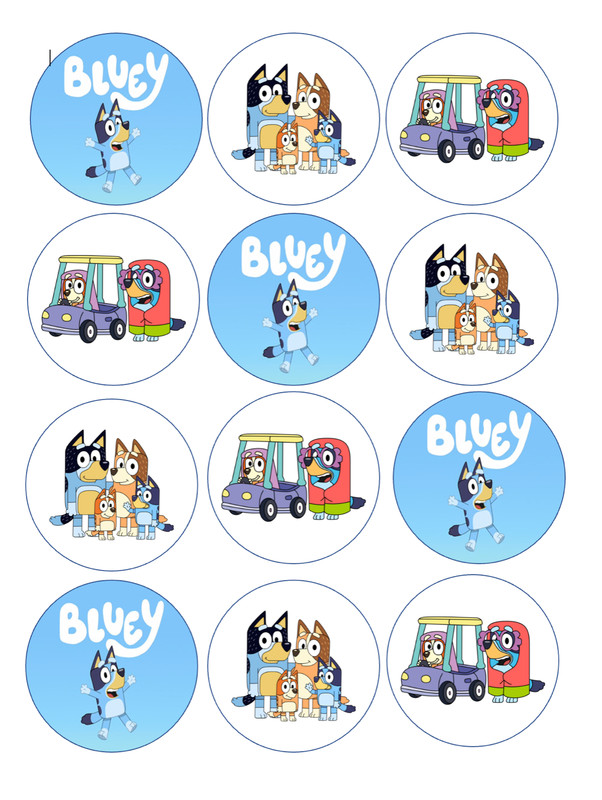 Set of 12 Blue dog cartoon, edible paper, cupcake cookie toppers PRE CUT