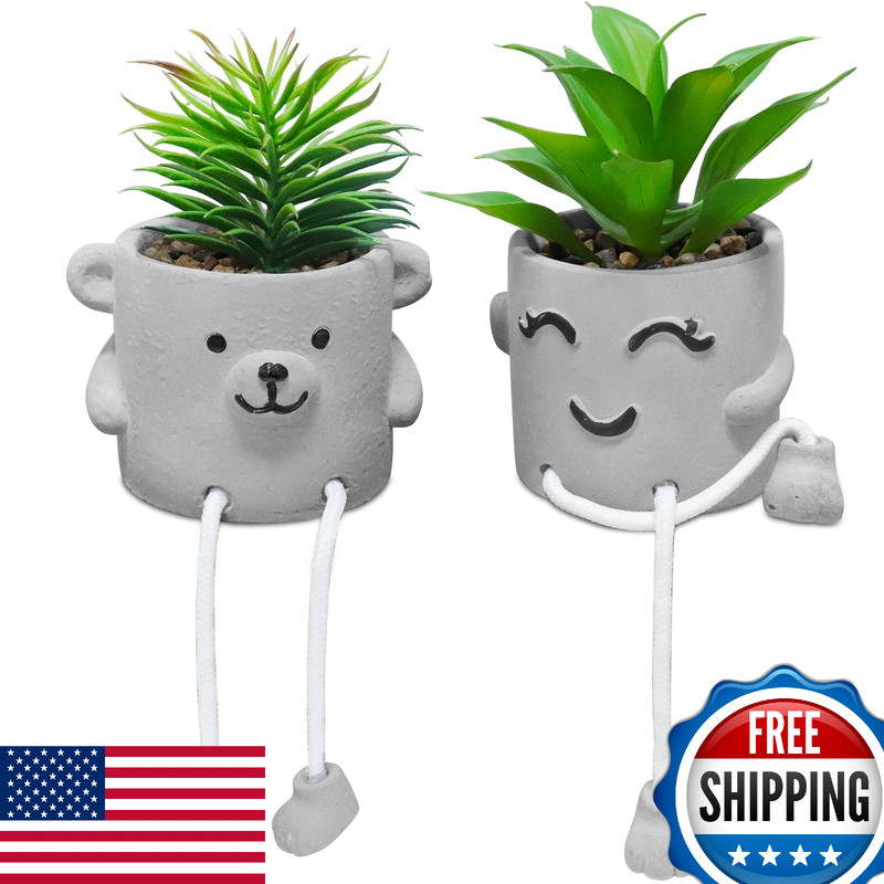 Zerzsy Faux Succulents in Cement Pots w/ Hanging Leg, Potted Mini Fake Plants