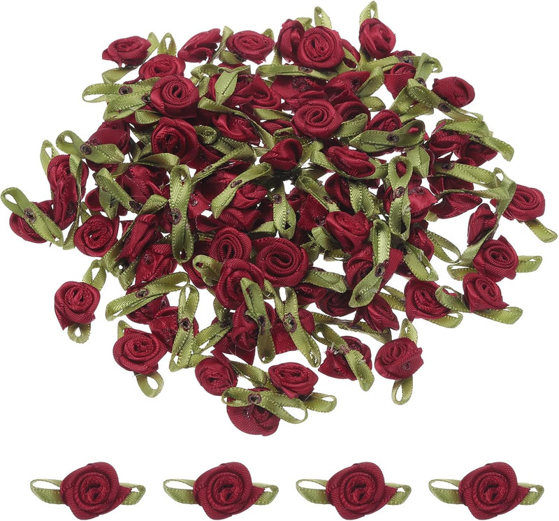 100Pcs Wine Red Polyester Ribbon Roses 1.5X3Cm Mini Satin Fabric Flowers for Cra