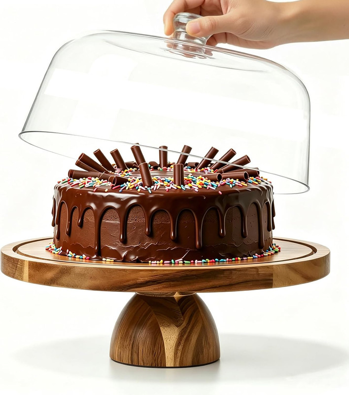 Acacia Wood Cake Stand with Acrylic Dome Lid,12 Inch round Dessert Table Display